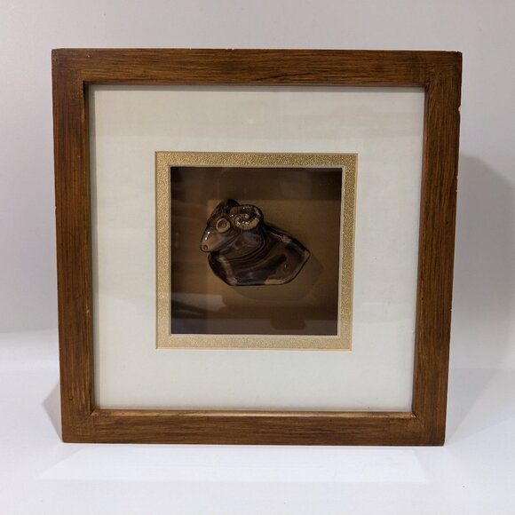 Vintage Chinese Horoscope Shadow Art Box w. Ceramic Goat Ram Sheep - Astrology - Picture 1 of 6